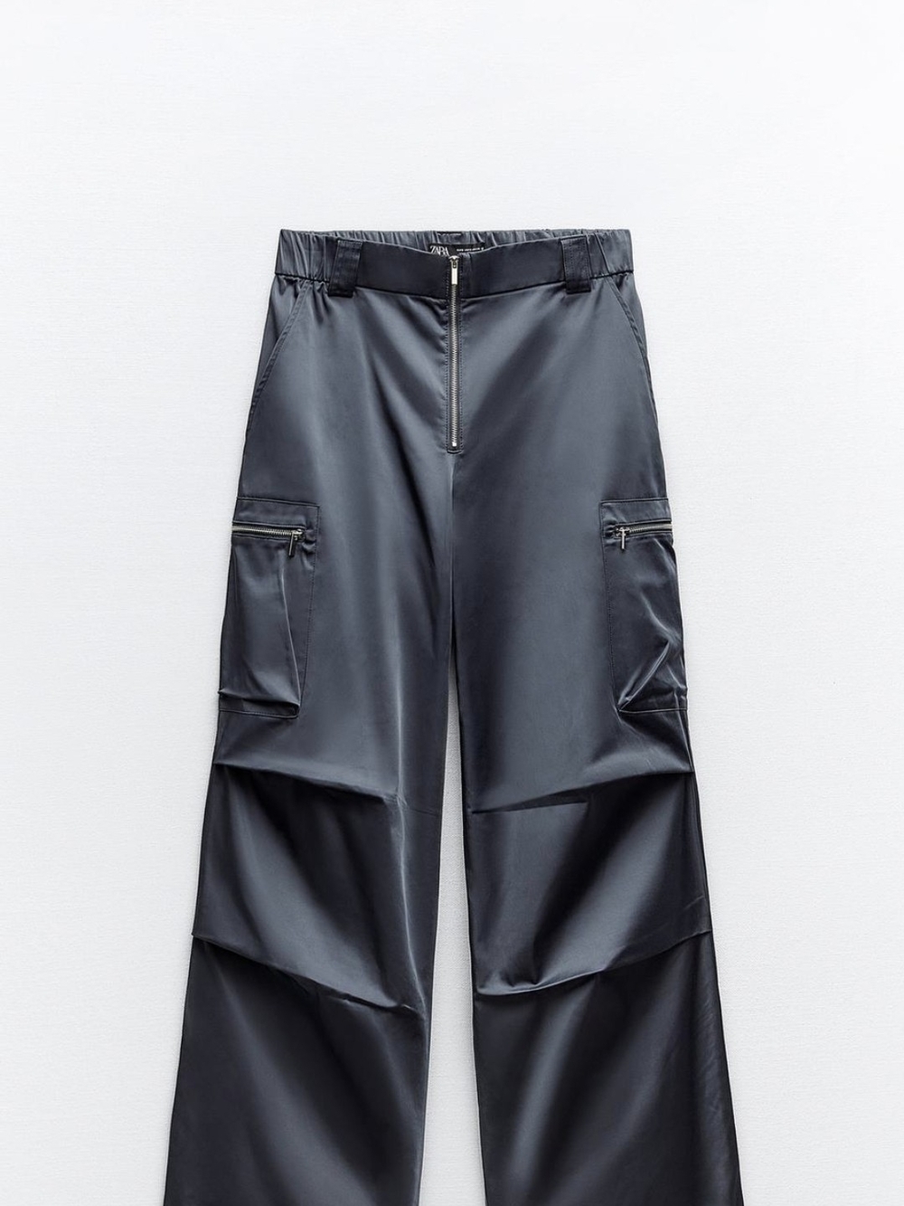 Zara Satin Wide-Leg Cargo Pants in Charcoal Gray